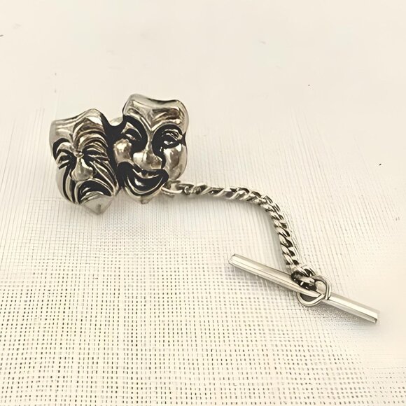 Other - Vintage Theater Masks Tie Tack Pin .75in Silver Tone Drama Chain Toggle Bar